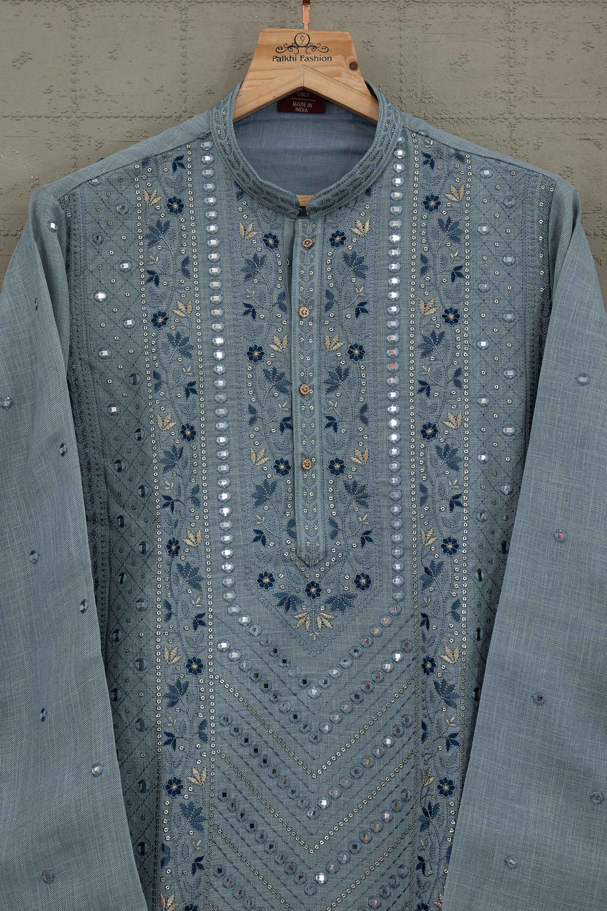 Serene Sophistication | Pastel Blue Linen Mens Kurta Set with Elegant Work | Palkhi Fashion