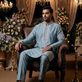 Pastel Serenity | Pastel Blue Silk Blend Floral Embroidered Kurta Set with Mirror Accents | Palkhi Fashion