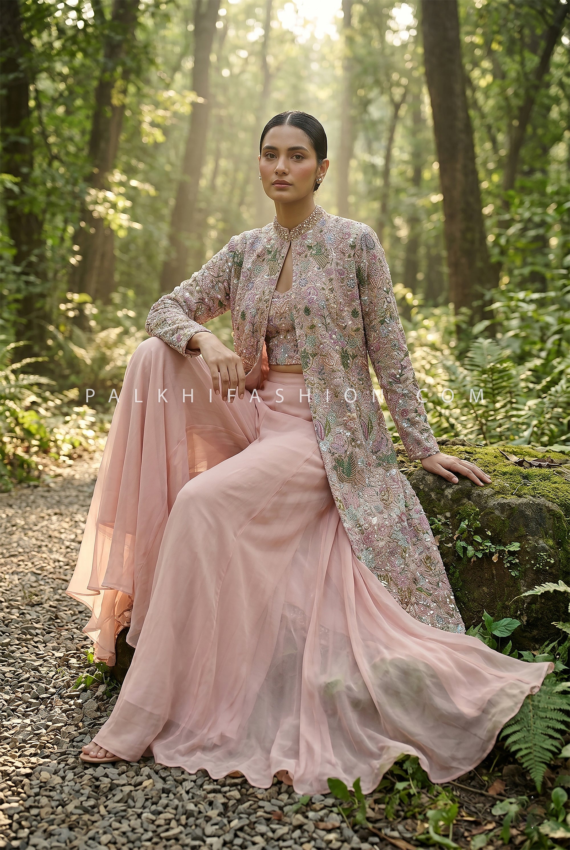 Pastel Couture Glow – Designer Crop Top Palazzo with Embellished Jacket – Palkhi Fashion