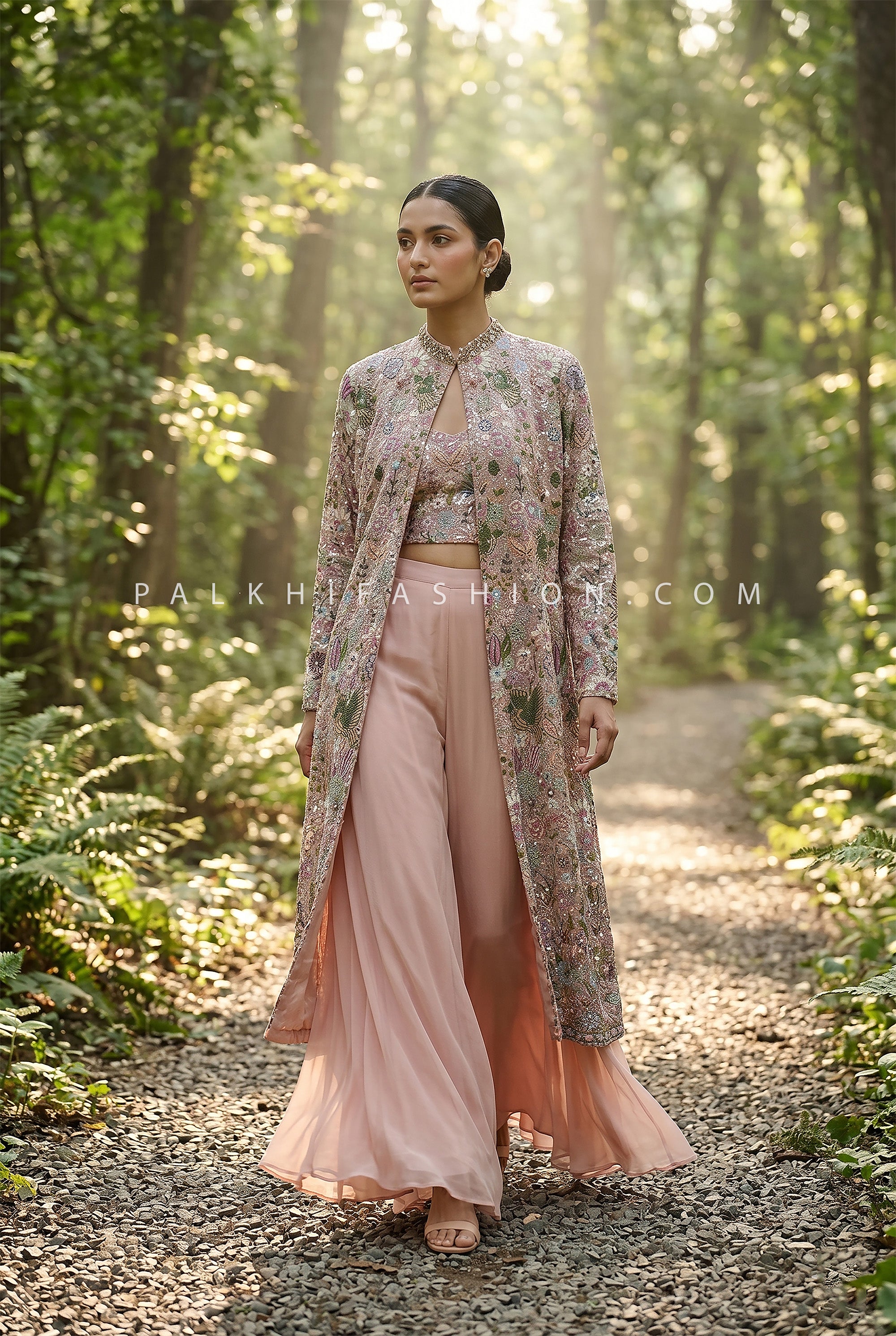 Pastel Couture Glow – Designer Crop Top Palazzo with Embellished Jacket – Palkhi Fashion