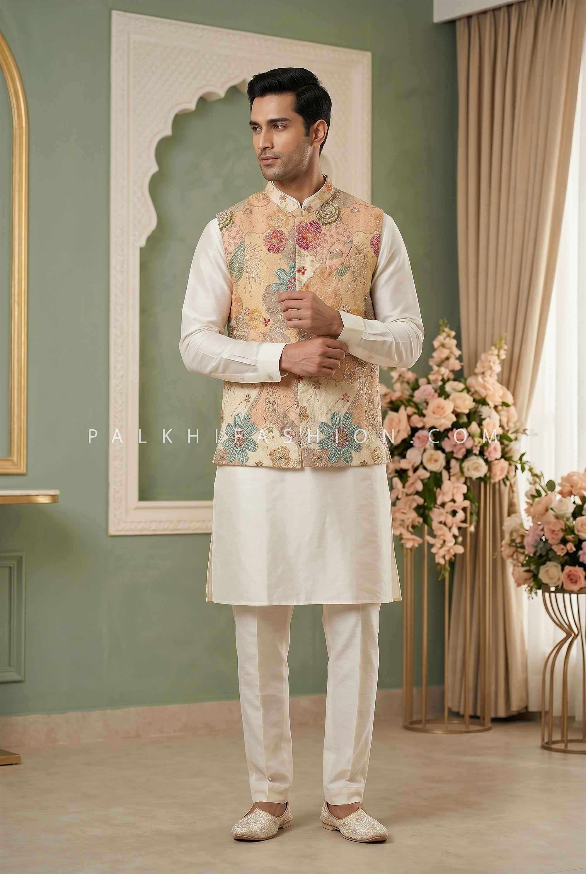 Pastel Crown Bloom - Ivory Designer Jacket Kurta Set with Floral Embroidery | Palkhi Fashion