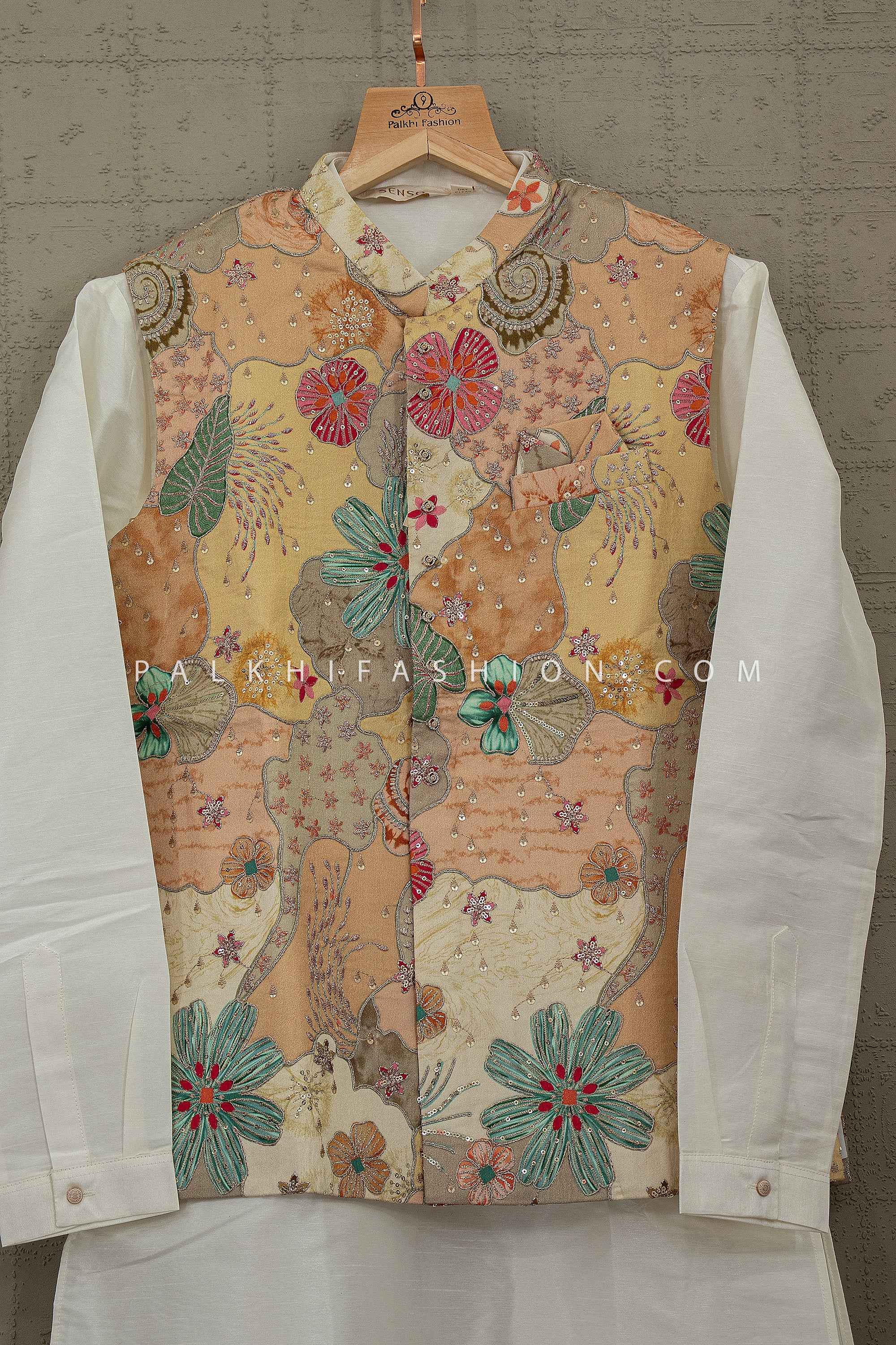 Pastel Crown Bloom - Ivory Designer Jacket Kurta Set with Floral Embroidery | Palkhi Fashion