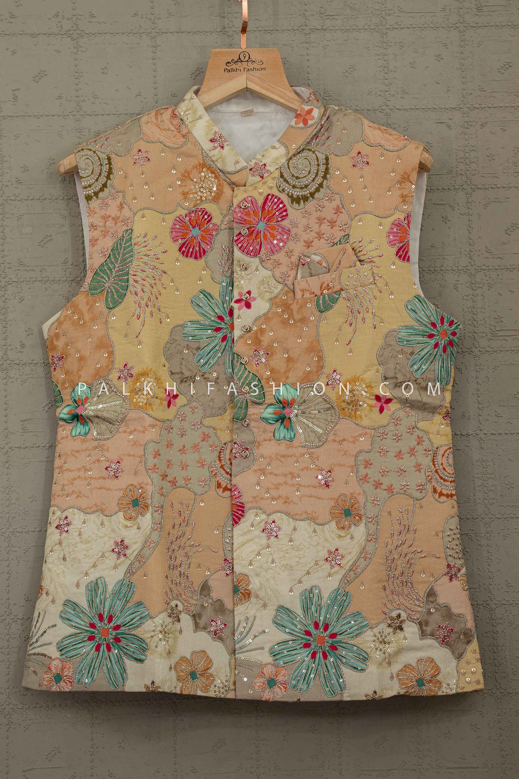 Pastel Crown Bloom - Ivory Designer Jacket Kurta Set with Floral Embroidery | Palkhi Fashion