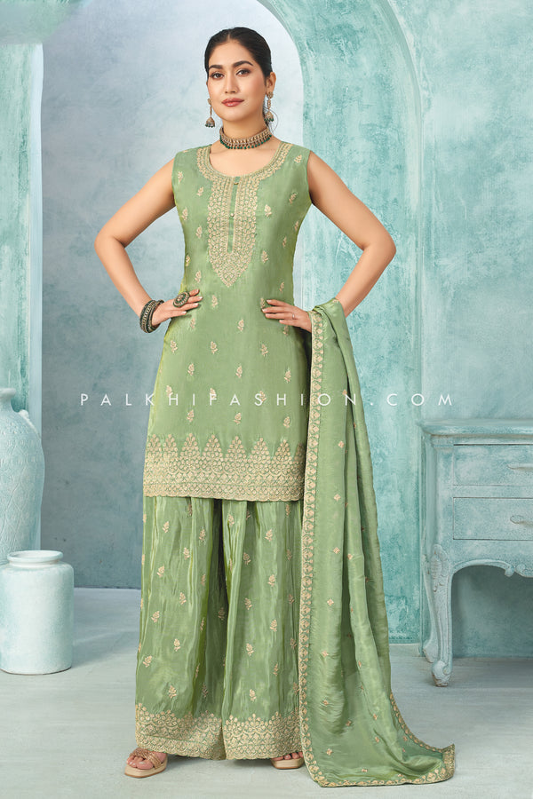 Pastel Green Soft Silk Palazzo Set with Elegant Embroidery | Palkhi Fashion