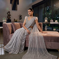 Silver Reverie | Pastel Grey Pre-Draped Saree with Cutdana & Stone Embellished Blouse | Palkhi Fashion