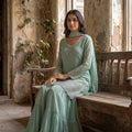 Sea Mist Grace | Pastel Mint Georgette Embroidered Sharara Set with Beadwork | Palkhi Fashion