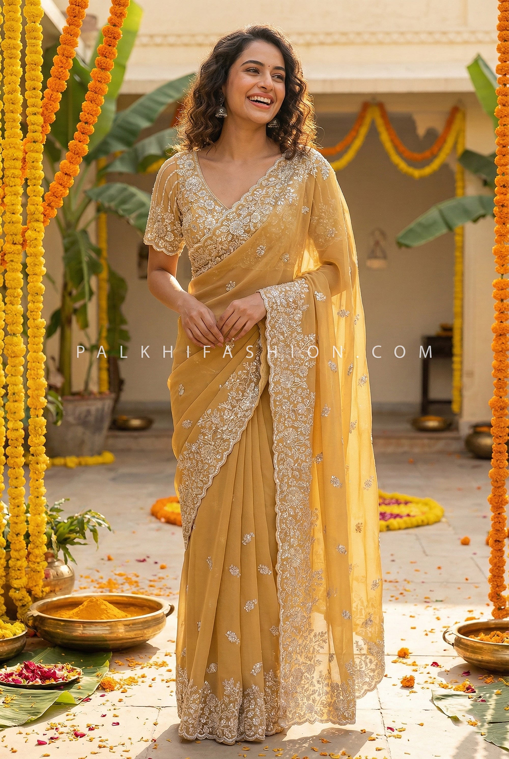 Pastel Yellow Embroidered Saree Set with Statement Blouse – Palkhi Fashion Houston