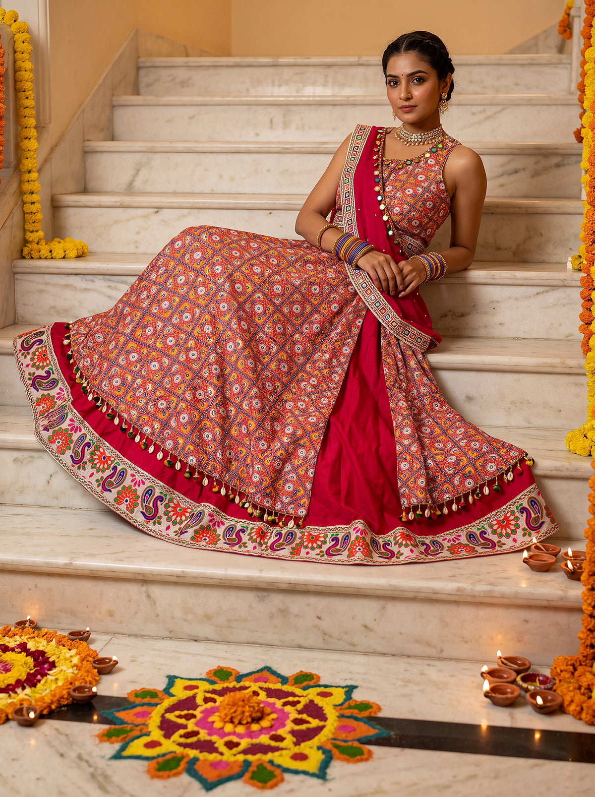 Festive Radiance | Multi-Color Patola Print Cotton Chaniya Choli with Mirror Work | Palkhi Fashion