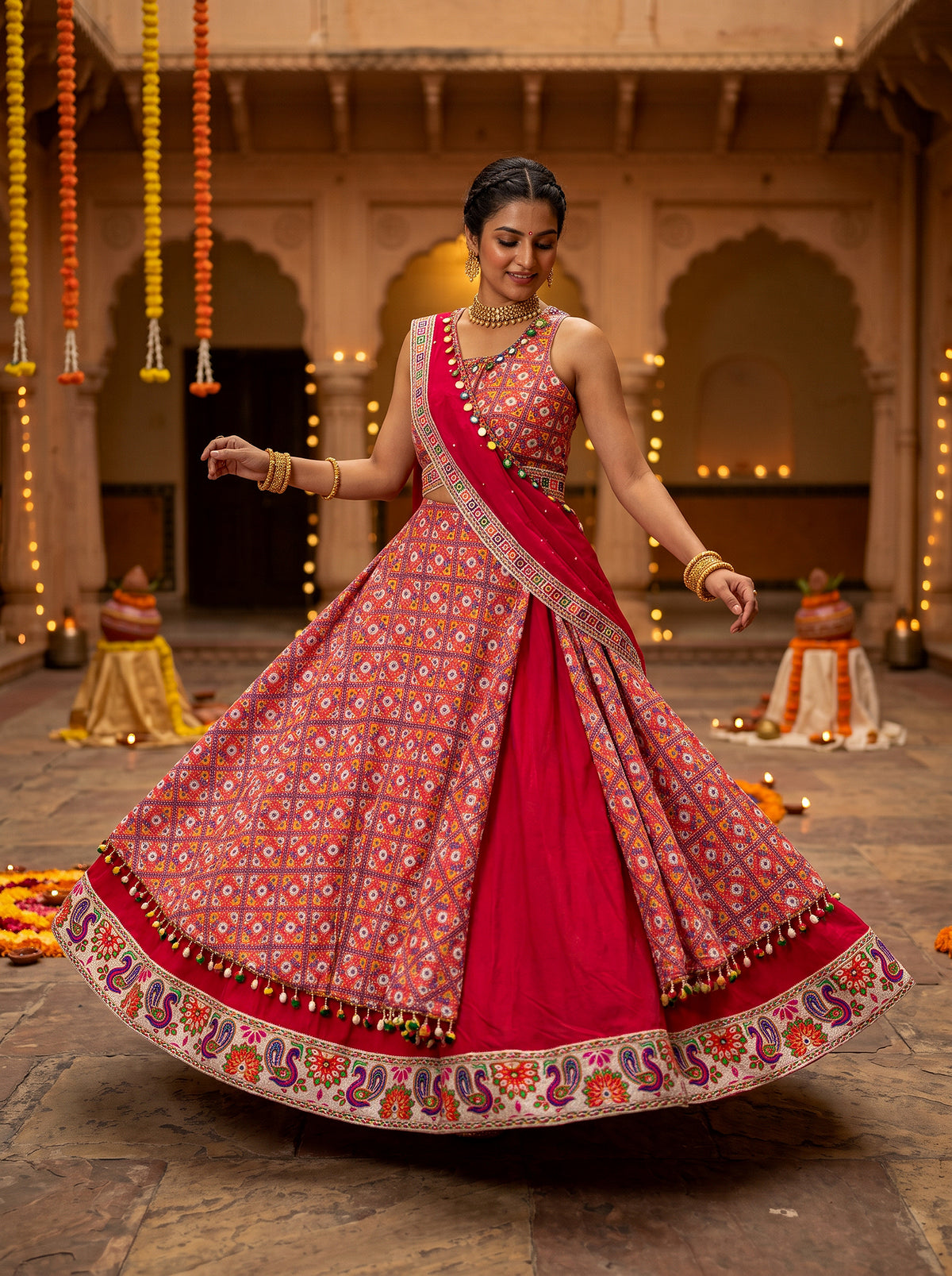 Festive Radiance | Multi-Color Patola Print Cotton Chaniya Choli with Mirror Work | Palkhi Fashion