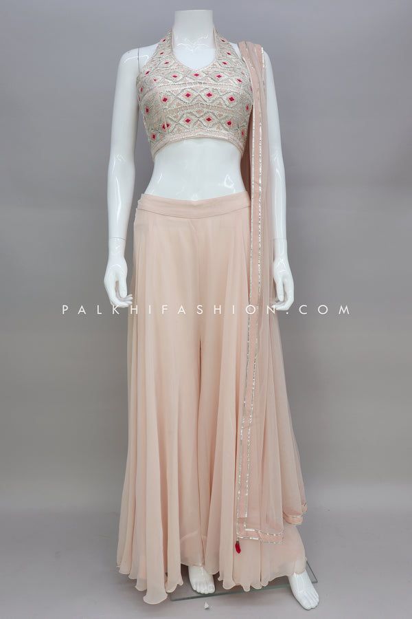 Peach Crop Top Palazzo Outfit With Halter Neck Blouse