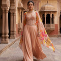 Sunset Radiance | Designer Peach Corset Palazzo Suit with Floral Print Cape | Palkhi Fashion