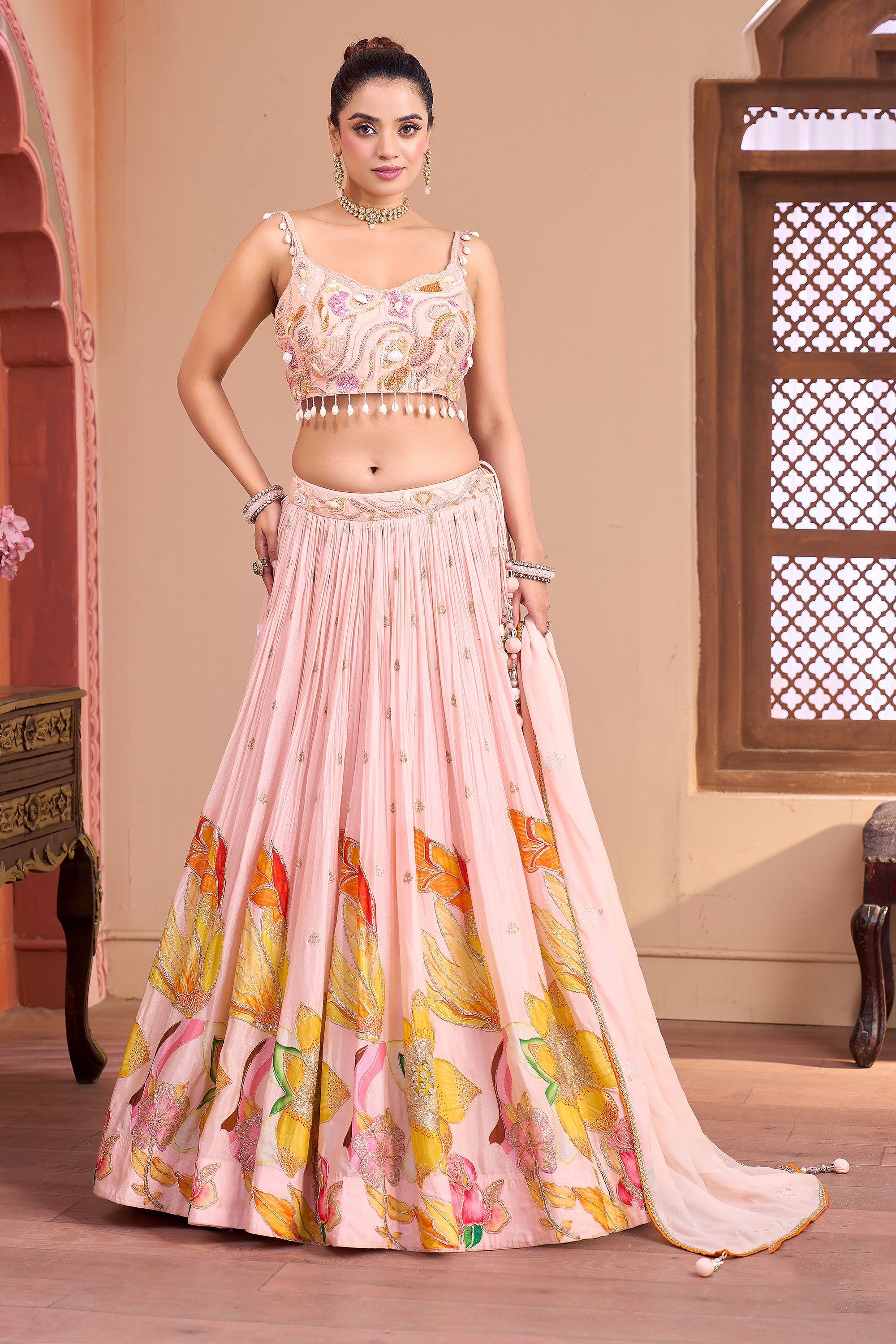 Pastel Blossom | Peach Floral Print Pleated Georgette Lehenga with Pearl Tassels | Palkhi Fashion
