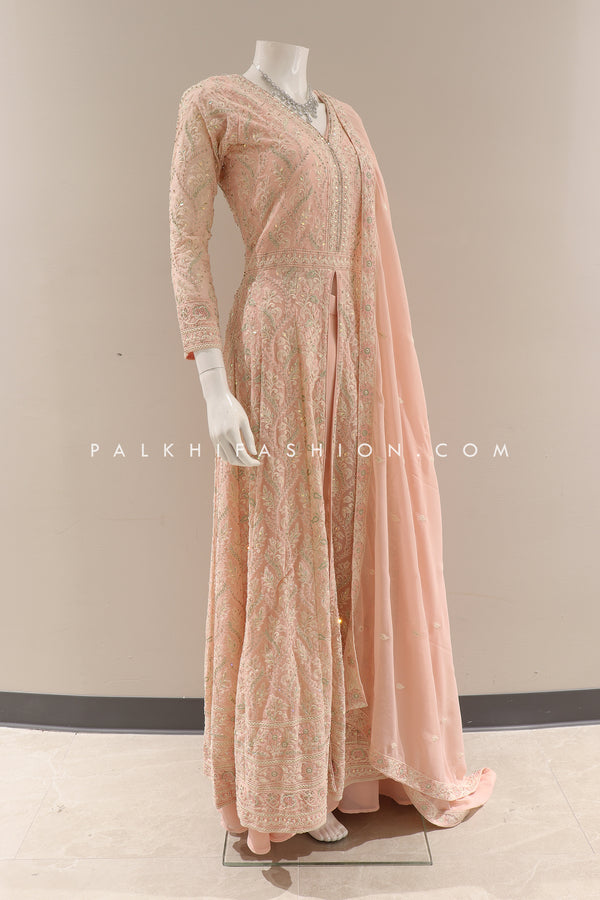 Peach Georgette Palazzo Ensemble with Petite Stones and Chikankari Detailing