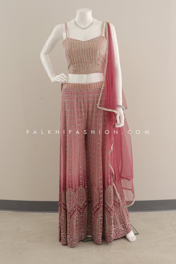 Pink Ombre Crop Top Palazzo Outfit with Handwork | Palkhi Fashion