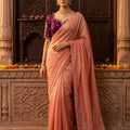Regal Radiance | Peach Shimmer Tissue Saree with Purple Handworked Blouse | Palkhi Fashion