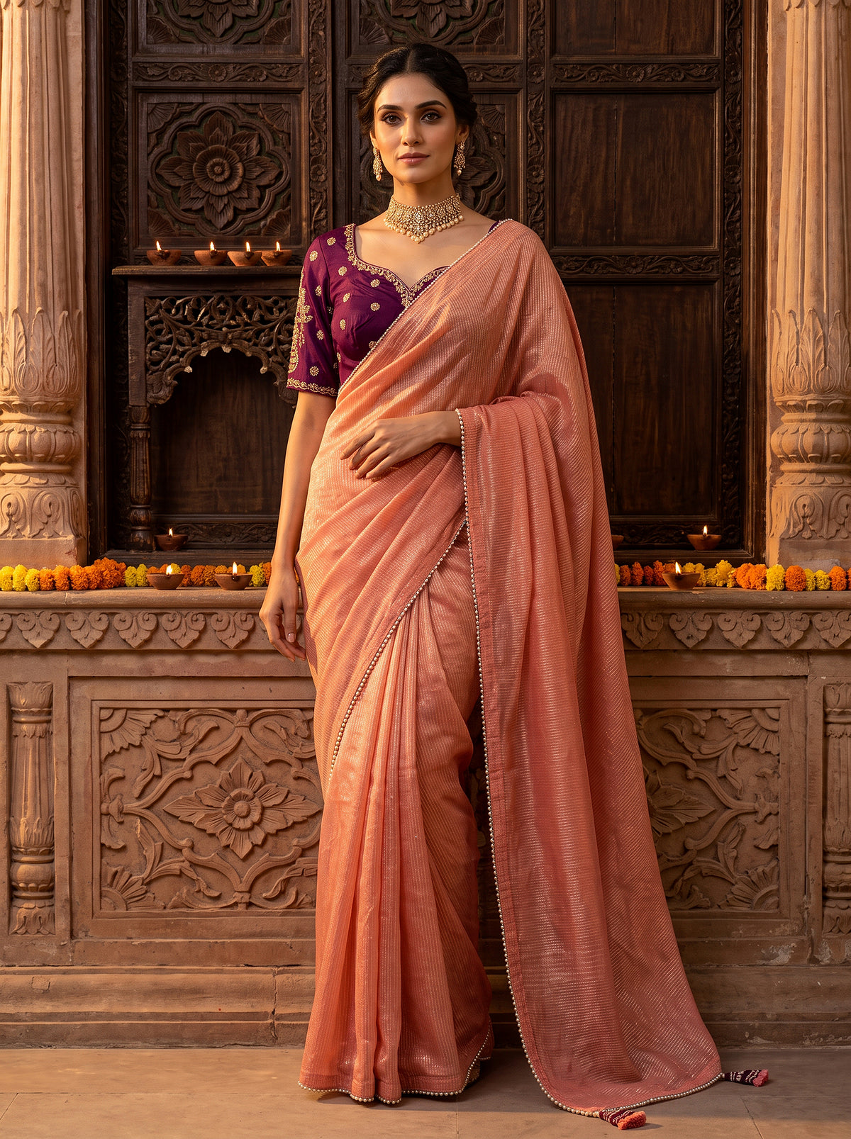 Regal Radiance | Peach Shimmer Tissue Saree with Purple Handworked Blouse | Palkhi Fashion