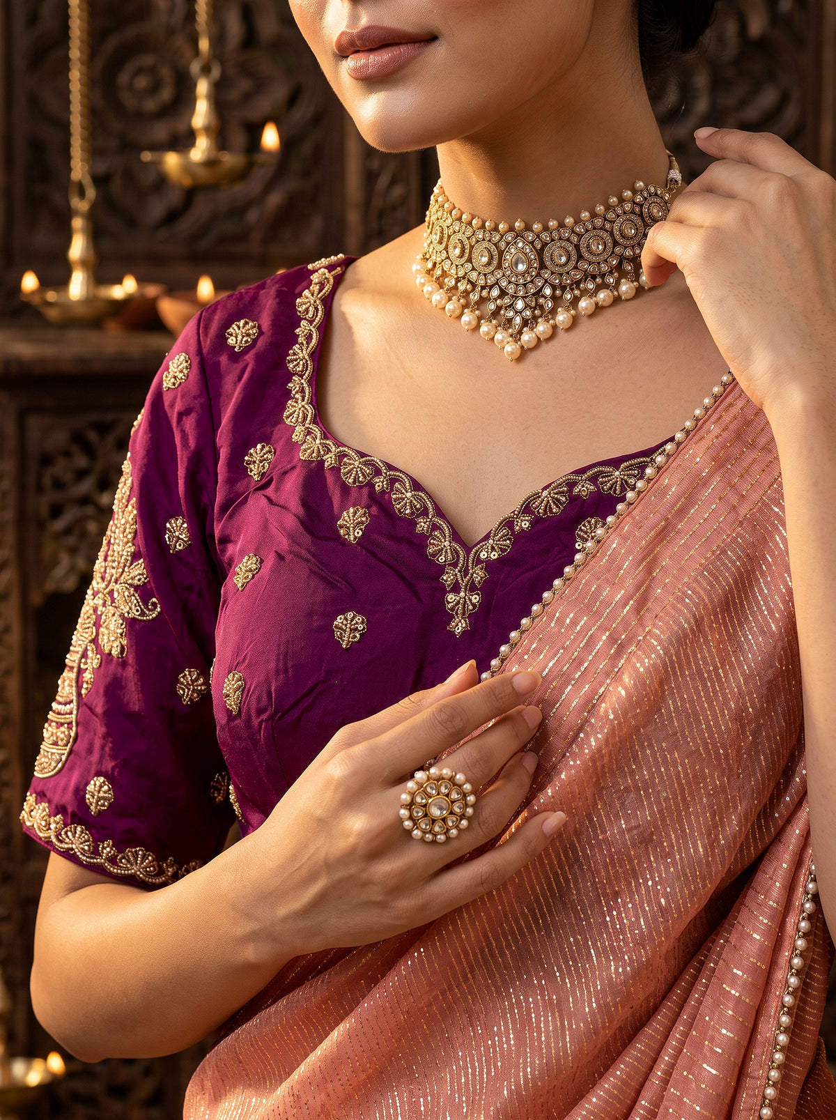 Regal Radiance | Peach Shimmer Tissue Saree with Purple Handworked Blouse | Palkhi Fashion