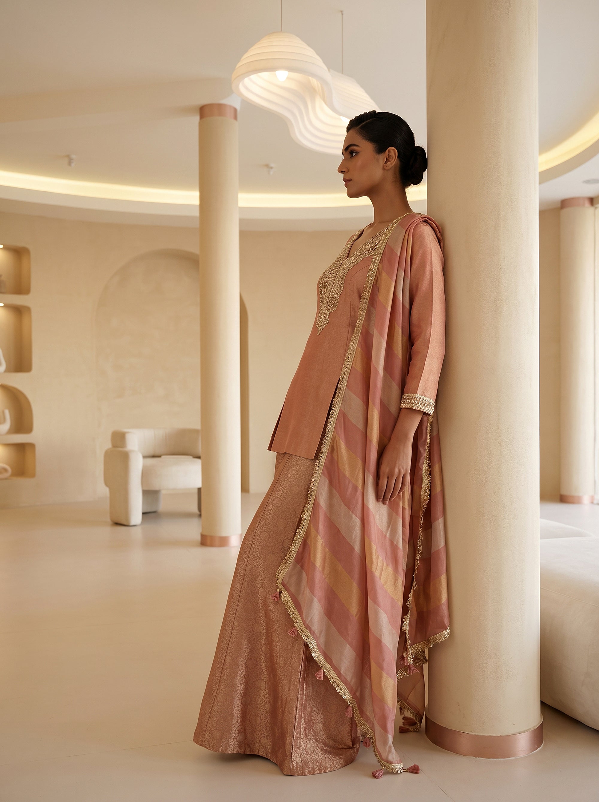 Rose Gold Radiance | Peach Silk Palazzo Suit with Brocade Bottoms | Palkhi Fashion