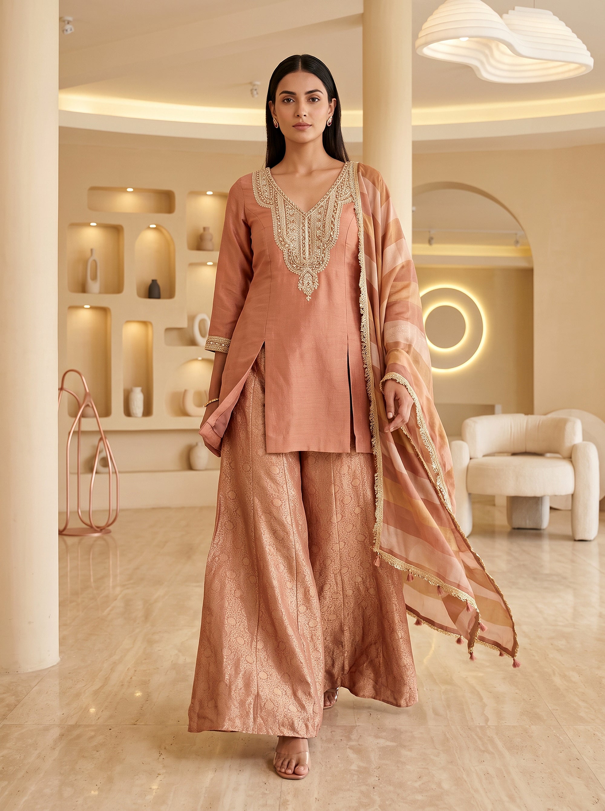 Rose Gold Radiance | Peach Silk Palazzo Suit with Brocade Bottoms | Palkhi Fashion