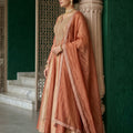 Peach Radiance | Two-Tone Peach and Champagne Tissue Silk Anarkali Palazzo Set with Pearl Cutdana | Palkhi Fashion