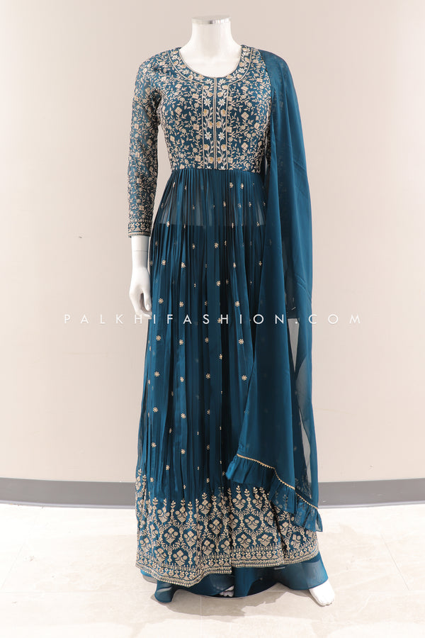 Peacock Blue Front Slit Palazzo Outfit with Embroidery work