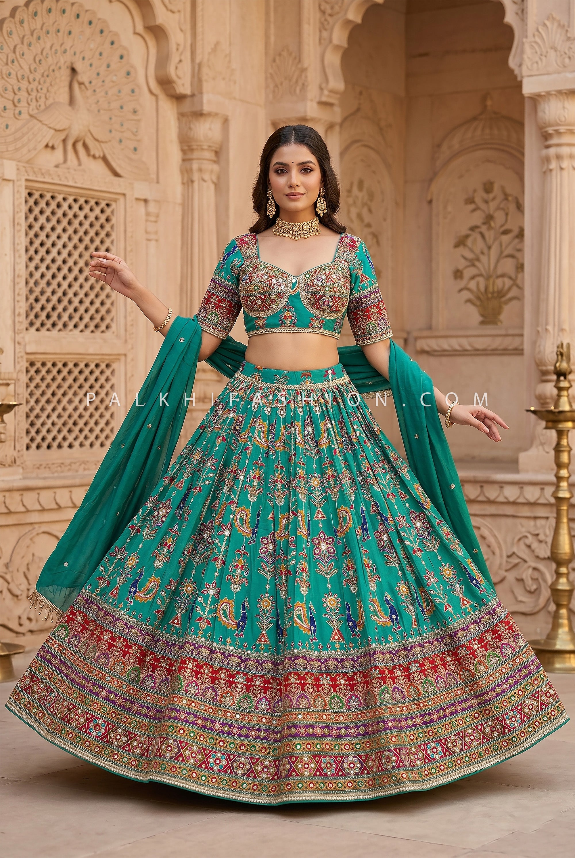 Peacock Heritage Glow – Teal Navratri Chaniya Choli with Kutchi Work – Palkhi Fashion