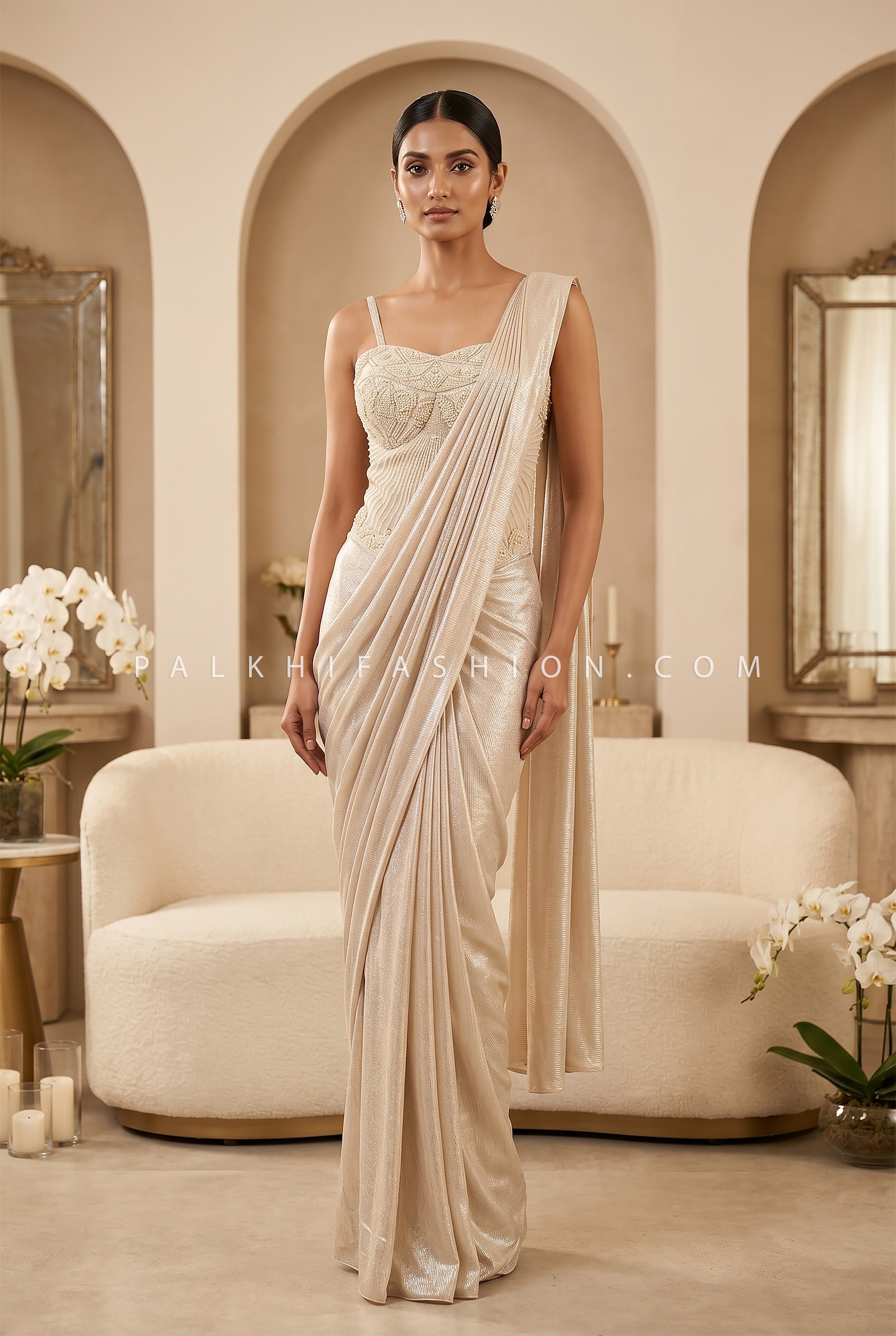 Pearl Luxe – Ivory Champagne Pre Draped Saree with Hand Embellished Corset | Palkhi Fashion