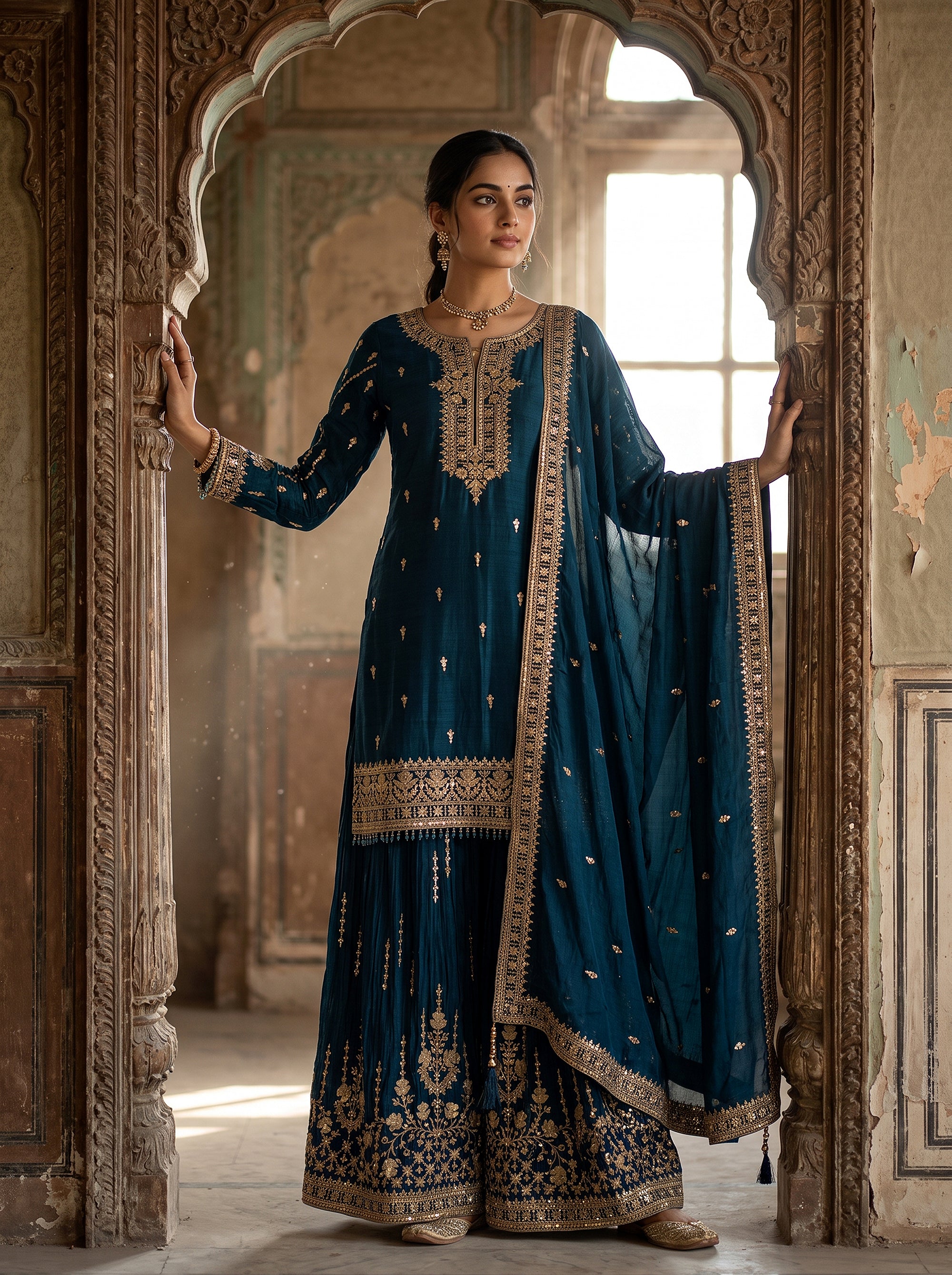 Petrol Blue Majesty | Embroidered Silk Kurta Palazzo Suit with Sequin Work | Palkhi Fashion