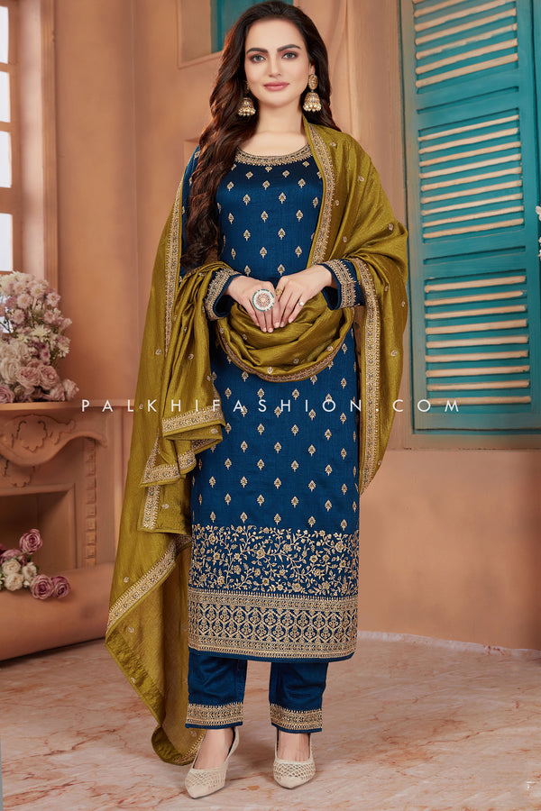 Petrol Blue/Mustard Straight Cut Suit with Intricate Work