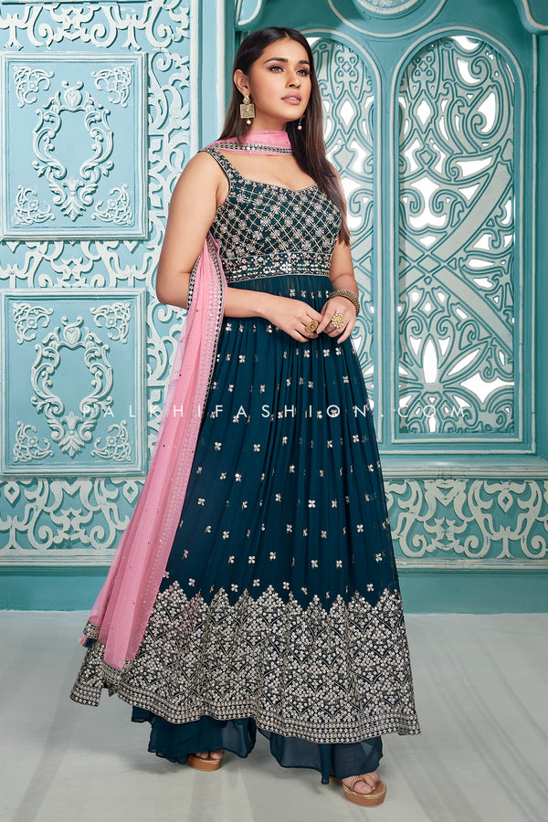 Petrol Blue Naira Cut Palazzo Outfit With Embroidery Work