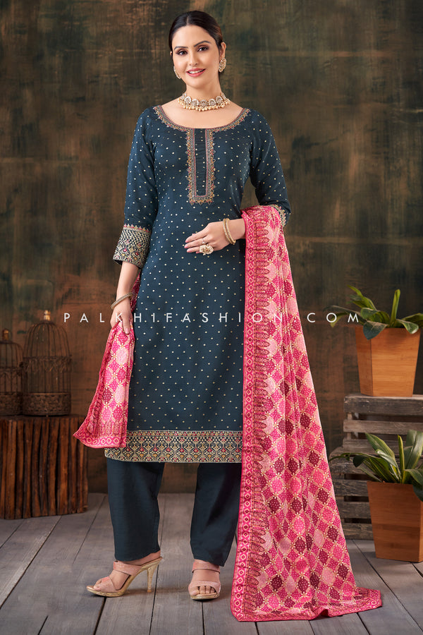 Petrol Blue Straight Cut Suit with Appealing Bandhani Dupatta