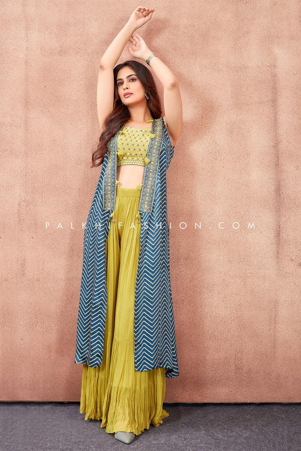 Petrol blue/Yellow Palazzo Outfit With Appealing Shrug