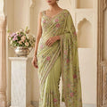 Blush Botanica – Pistachio Designer Saree with Multicolor Resham Work | Palkhi Fashion