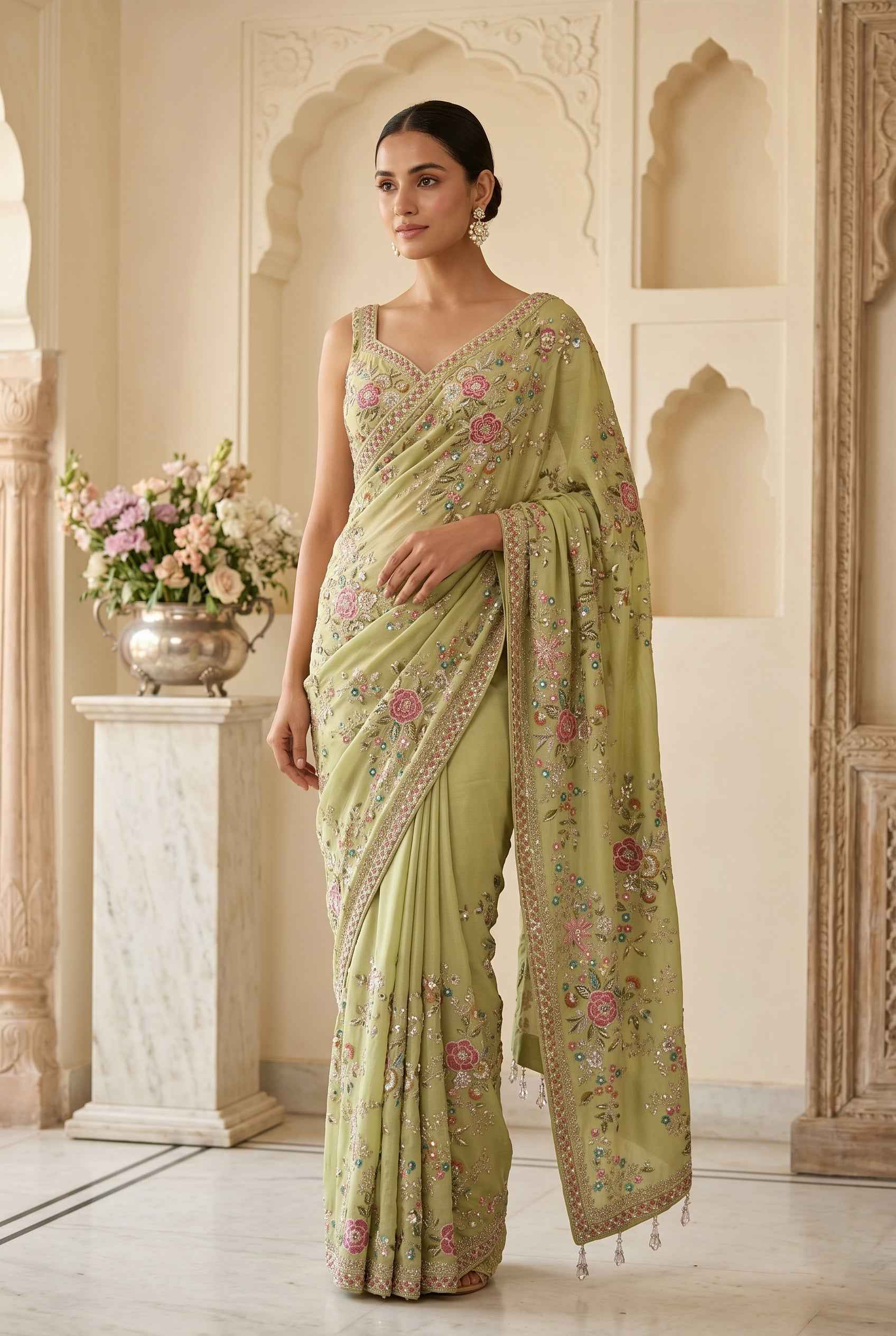 Blush Botanica – Pistachio Designer Saree with Multicolor Resham Work | Palkhi Fashion