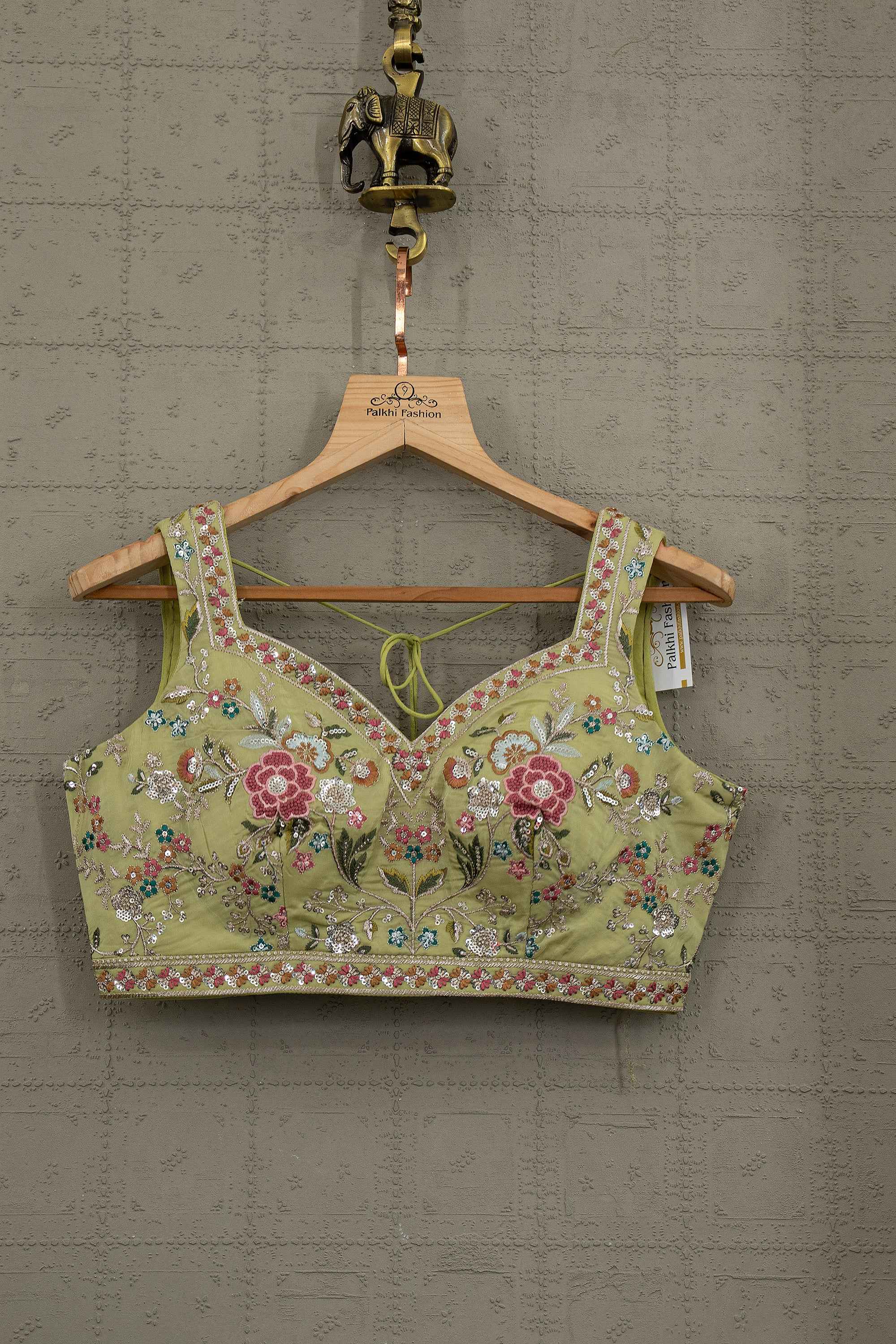 Blush Botanica – Pistachio Designer Saree with Multicolor Resham Work | Palkhi Fashion