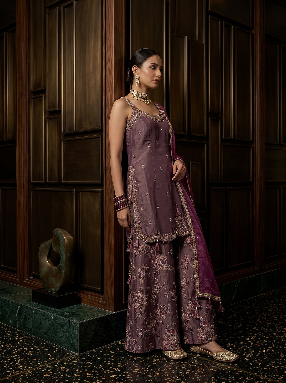 Royal Lilac Radiance | Lilac Silk Floral Embordered Palazzo Set with Handwork | Palkhi Fashion