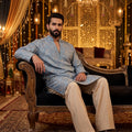 Azure Éclat | Powder Blue Crushed Tissue Kurta Set with Delicate Gold Embroidery | Palkhi Fashion