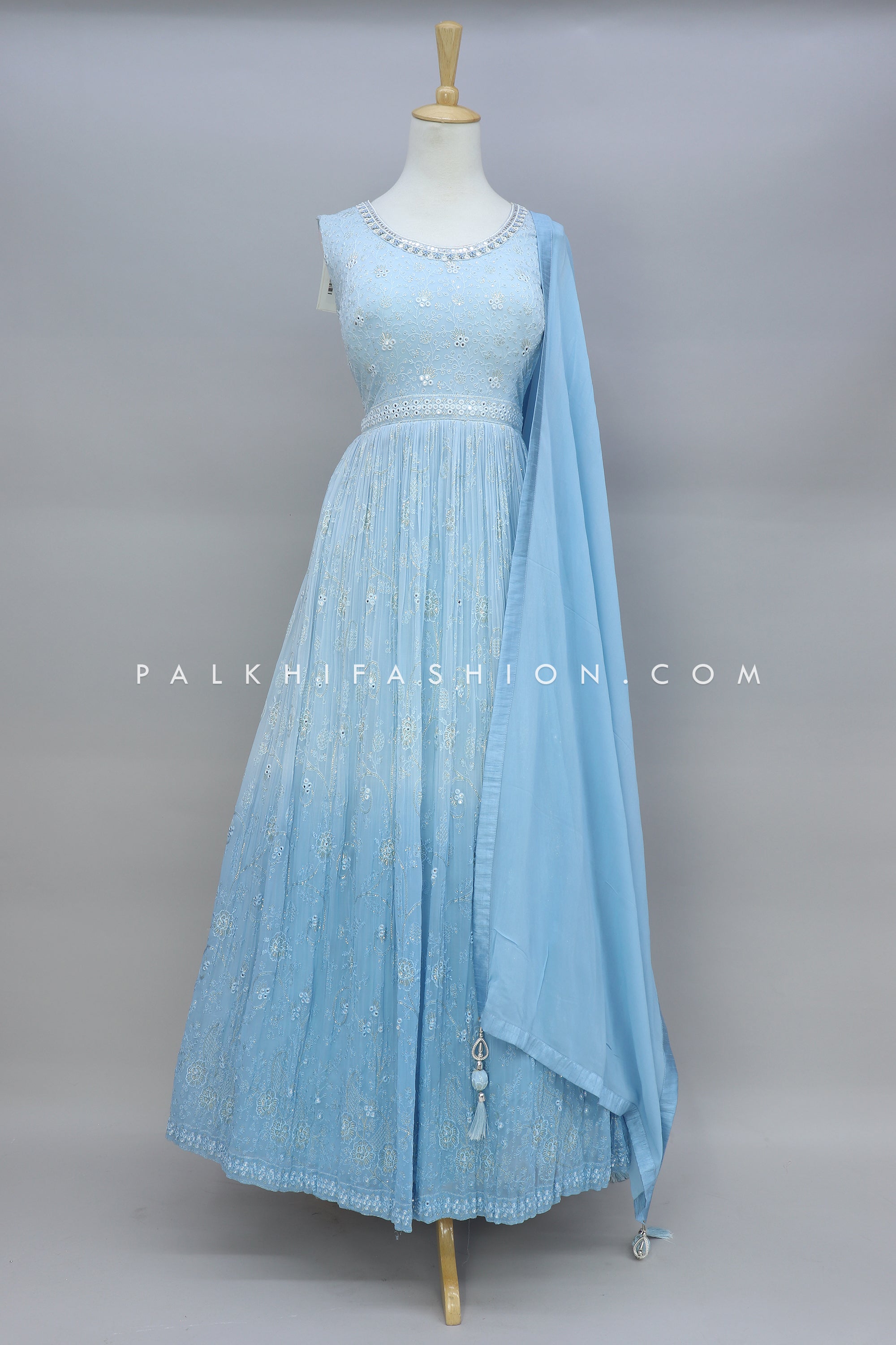 Powder Blue Designer Outfit With Appealing Work – Palkhi Fashion