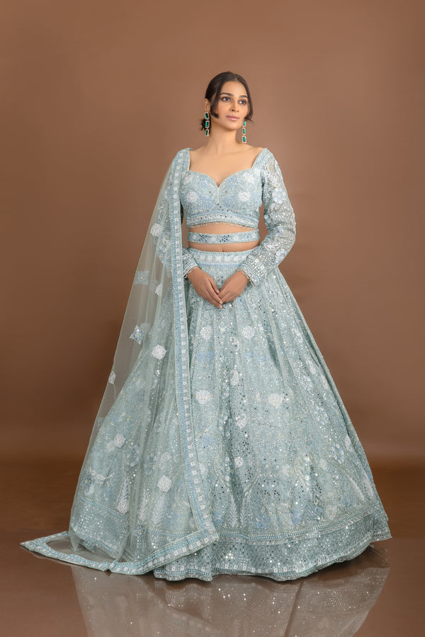 Powder Blue Lehenga Choli with Embroidery and Mirror Work - Palkhi Fashion