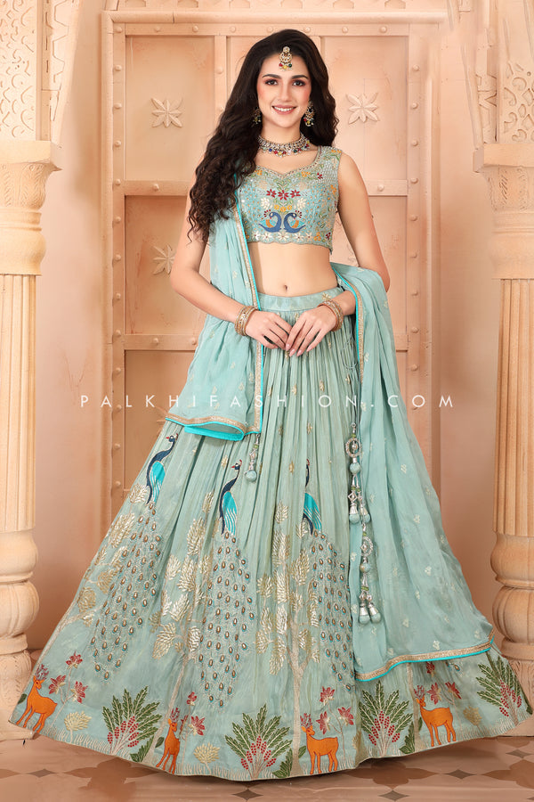 Powder Blue Lehenga Choli with Peacock Embroidery – Palkhi Fashion