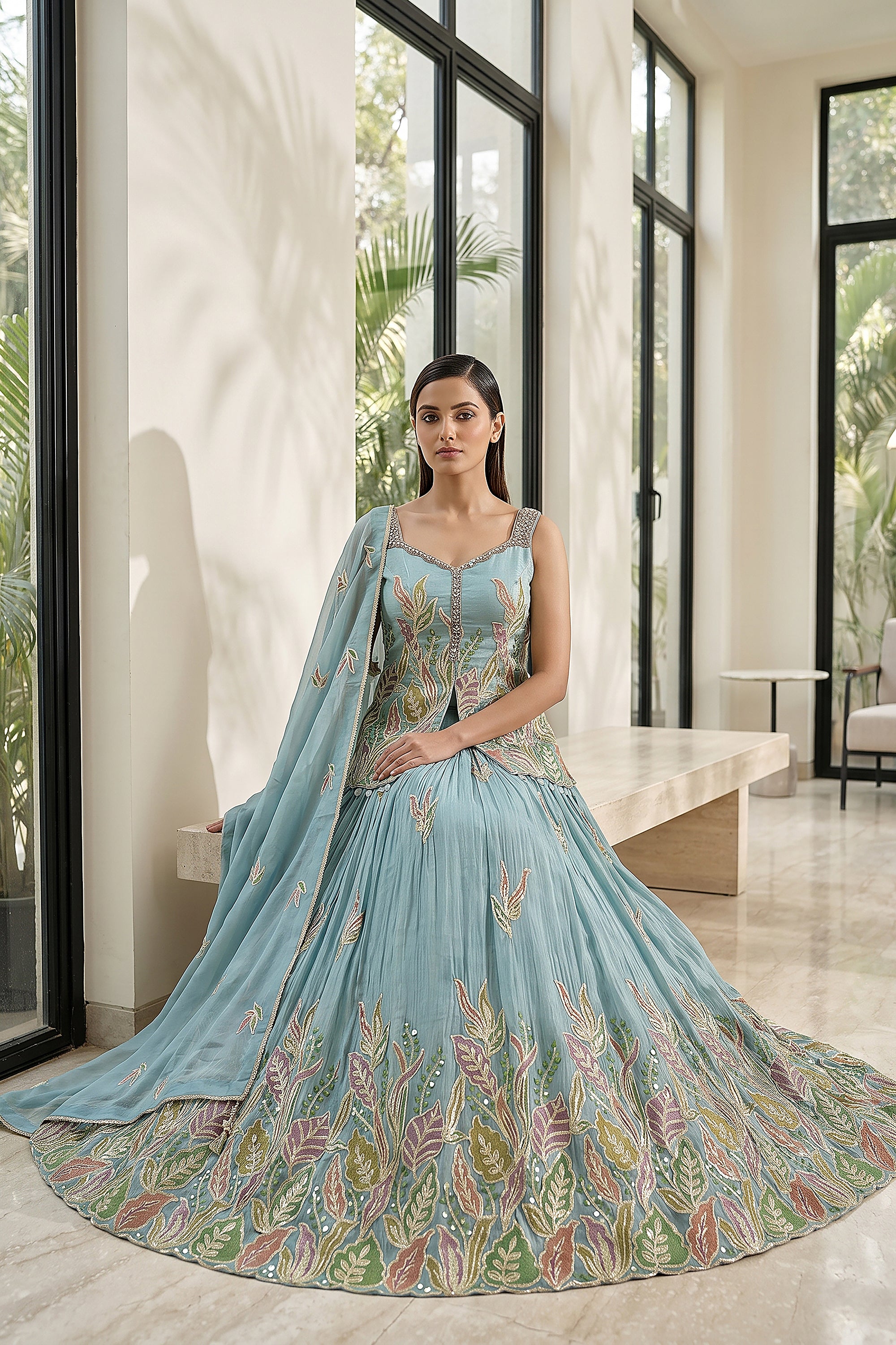 Celestial Botanica | Powder Blue Designer Lehenga Set with Mirror-Work Foliage | Palkhi Fashion
