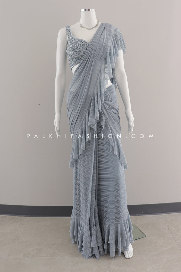 Powder Blue Ready to Wear Saree with Stone & HandWork - Palkhi Fashion