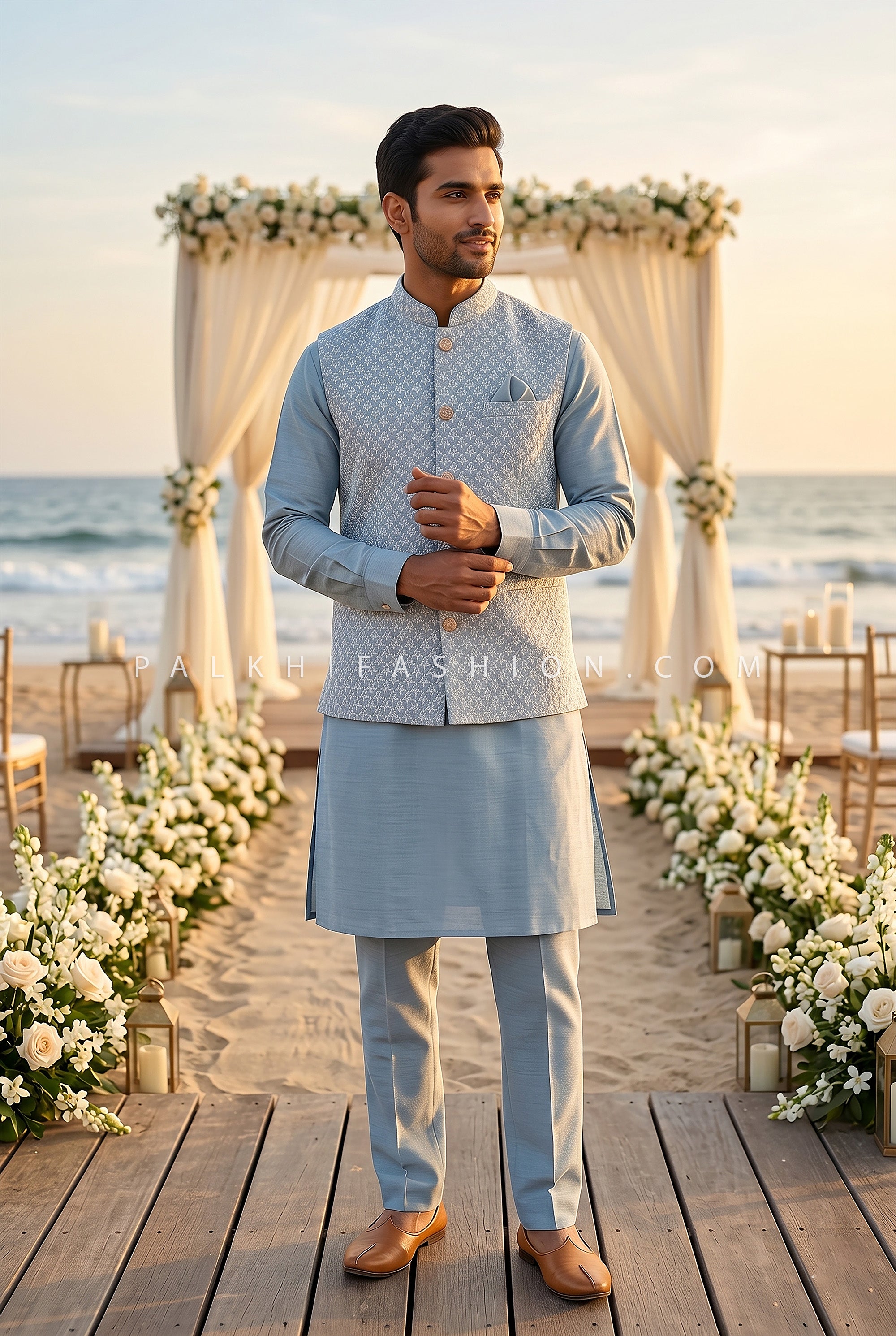 Powder Sky Prestige – Elegant Light Blue Chikankari Jacket Kurta Set for Men | Palkhi Fashion