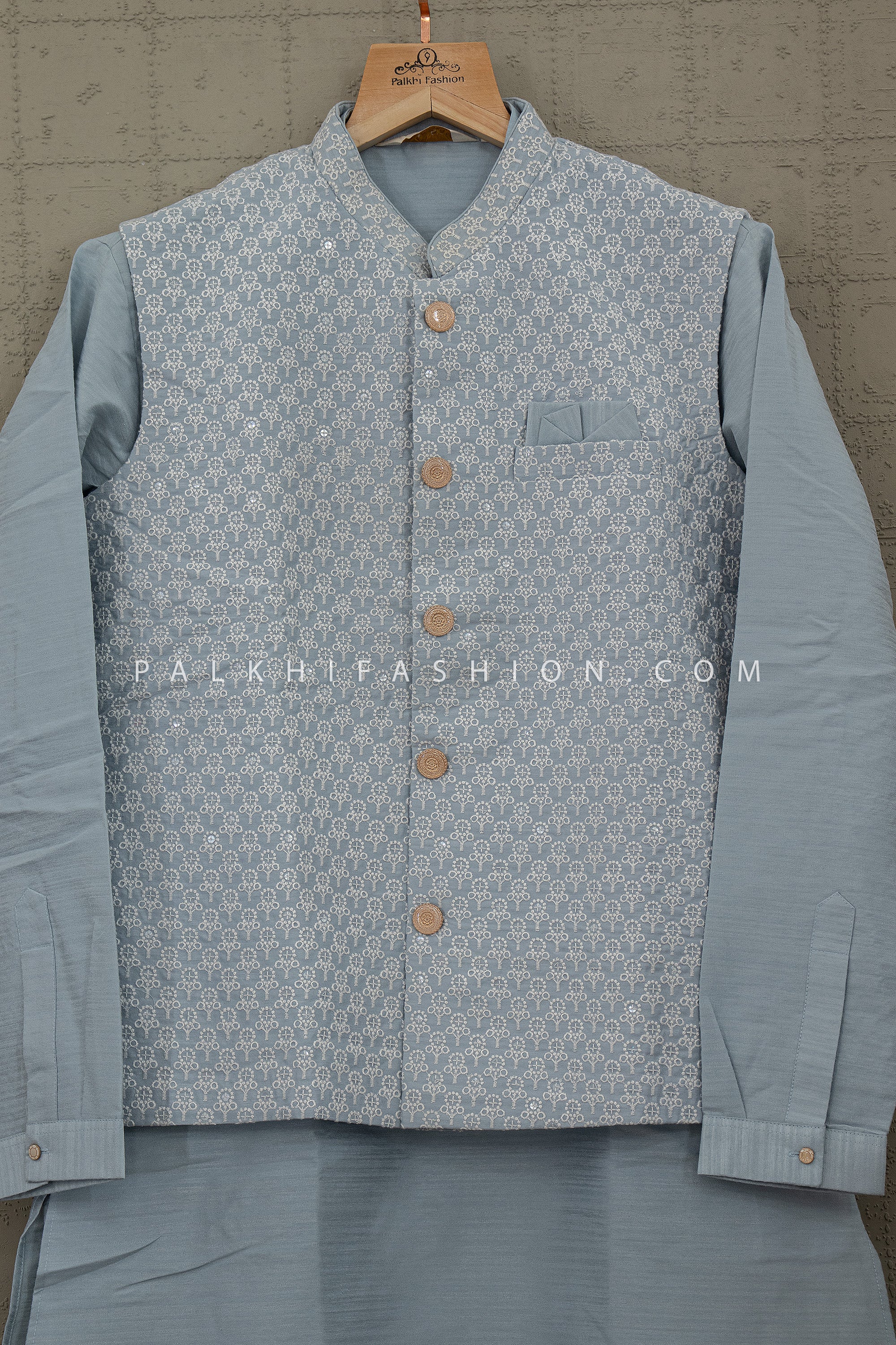 Powder Sky Prestige – Elegant Light Blue Chikankari Jacket Kurta Set for Men | Palkhi Fashion