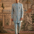Majestic Elegance | Powder Blue Raw Silk Indo-Western Sherwani Set with Embroidery & Cutdana Work | Palkhi Fashion