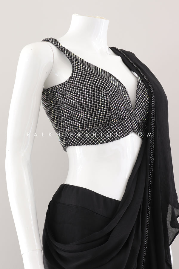 Pre-Draped Black Saree with Stone, Sequin, and Embroidery Work