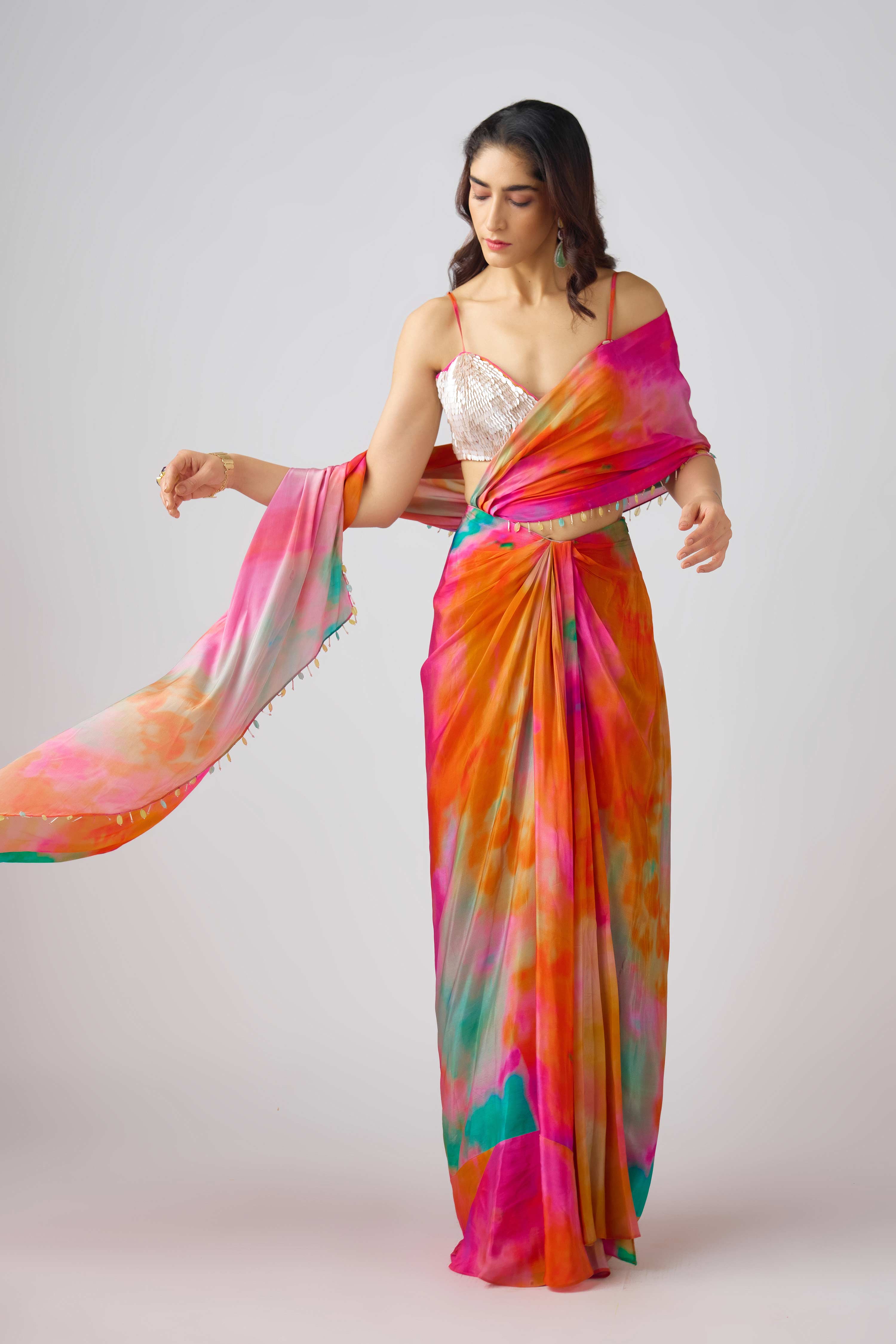 Pre-Draped Contemporary Saree with Artistic Prints & Handwork Blouse – Palkhi Fashion