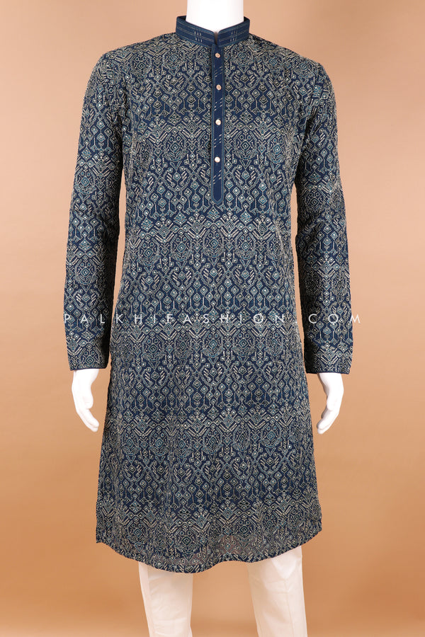 Premium Teal Blue Men’s Kurta Pajama with Thread Work | Palkhi Fashion