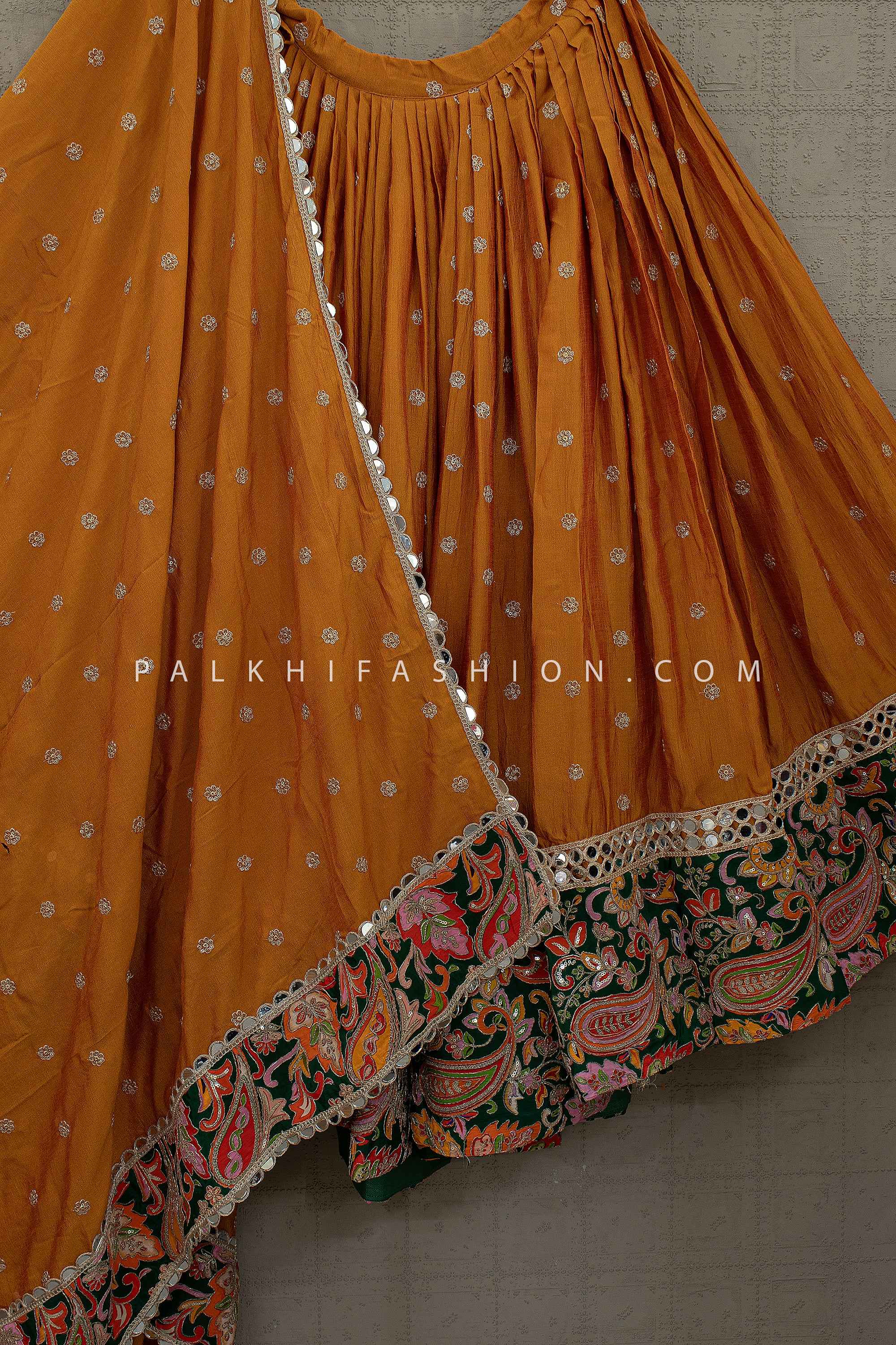 Premium Mustard Cotton Silk Garba Chaniya Choli with Paisley Border | Palkhi Fashion