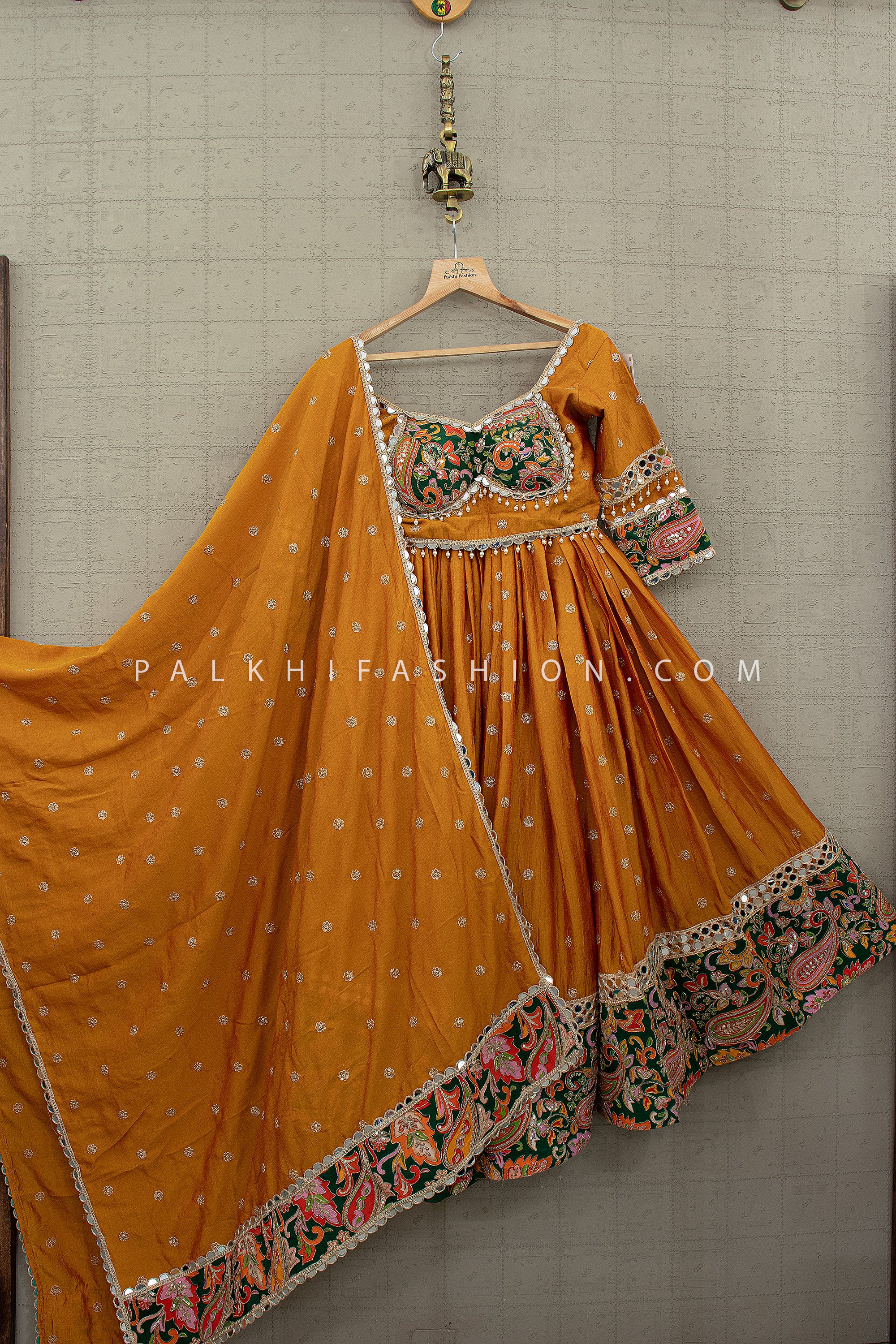 Premium Mustard Cotton Silk Garba Chaniya Choli with Paisley Border | Palkhi Fashion